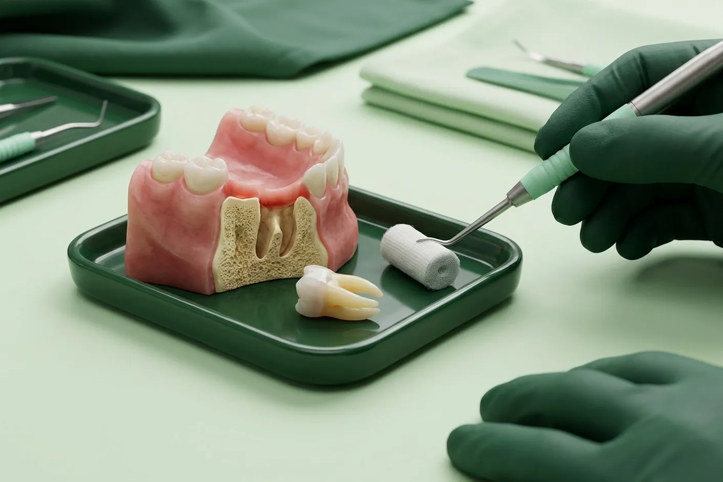 Render clinico dell'estrazione: l'alveolo vuoto e il dente estratto