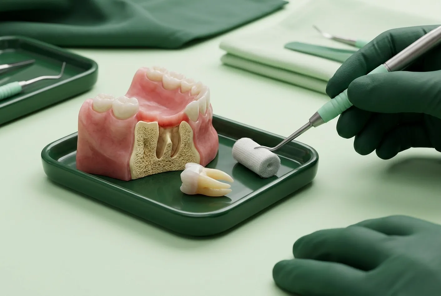 Render clinico dell'estrazione: l'alveolo vuoto e il dente estratto