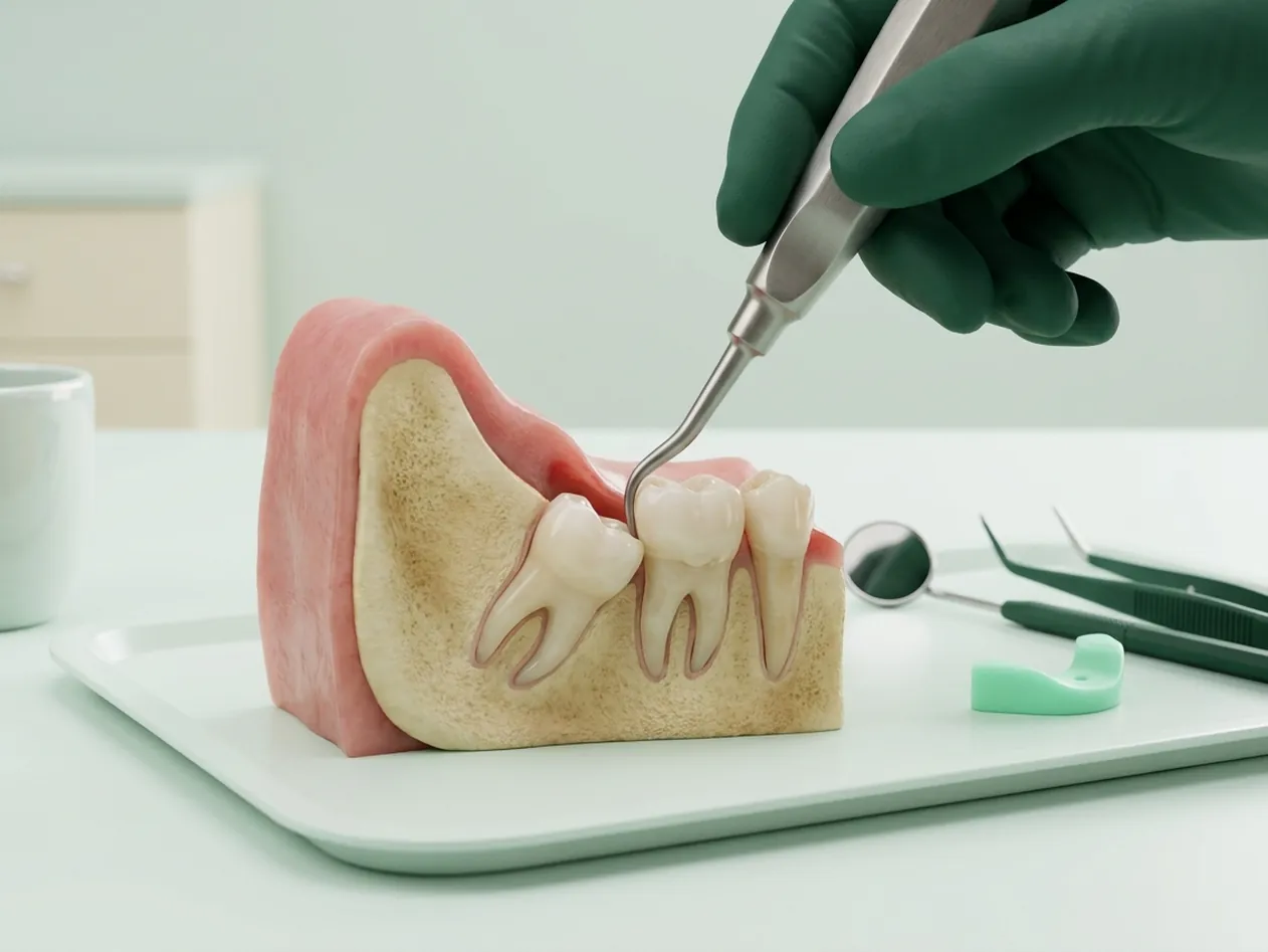 Render clinico del dente del giudizio incluso, inclinato sotto la gengiva