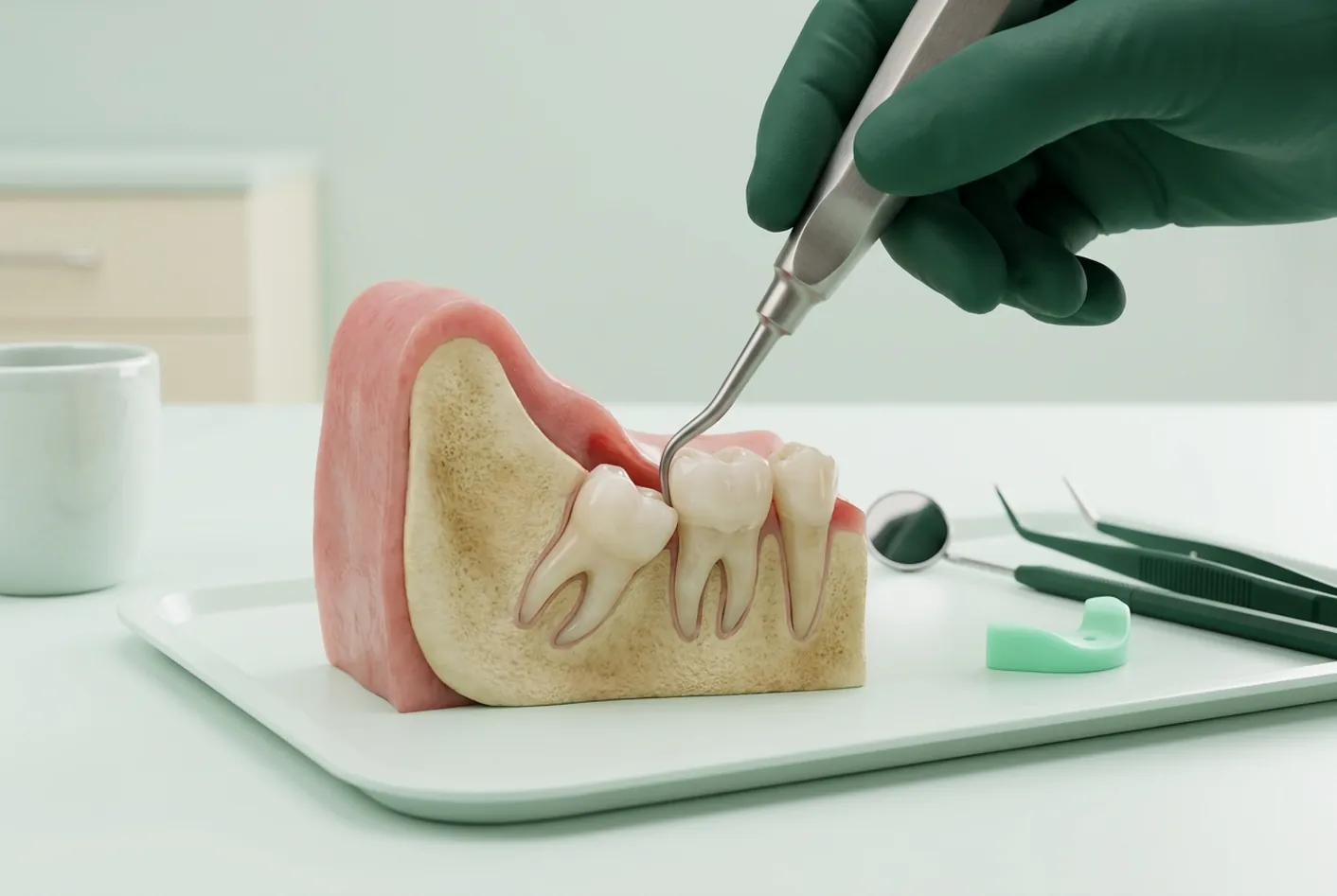 Render clinico del dente del giudizio incluso, inclinato sotto la gengiva