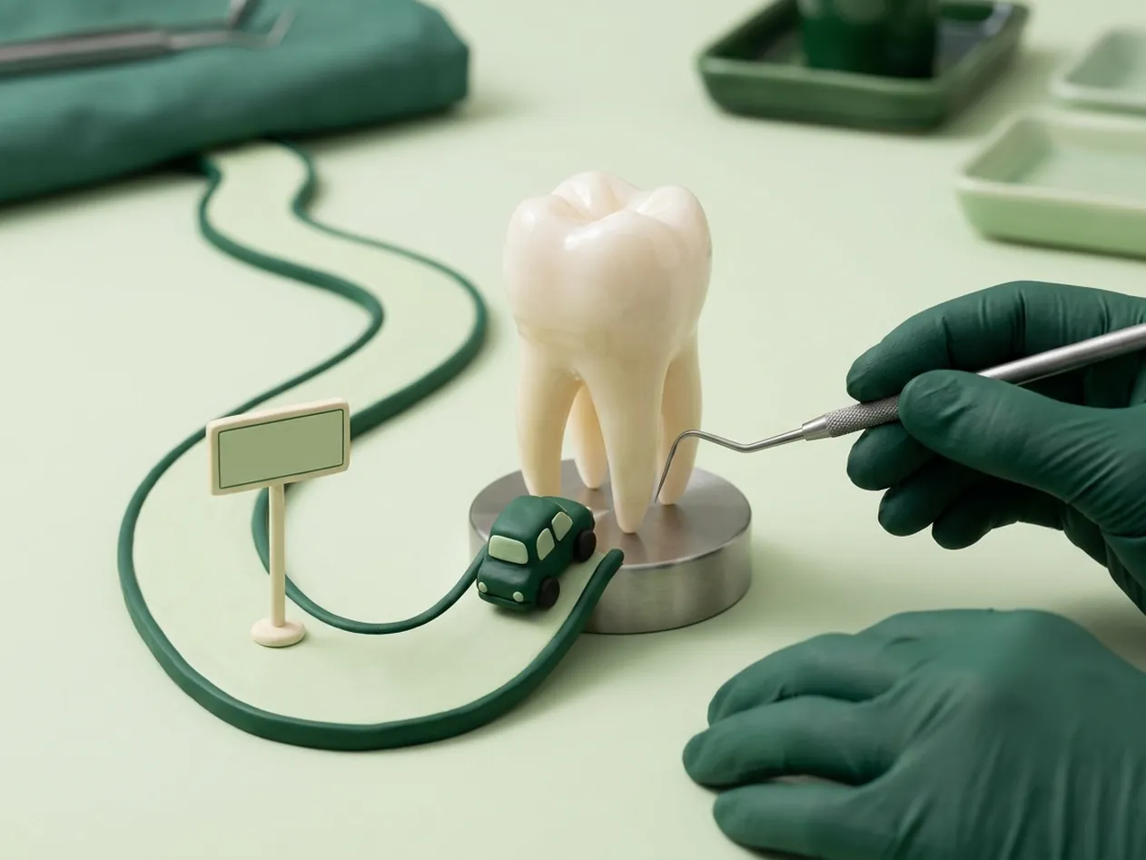 Render clinico del viaggio verso lo studio: la strada che arriva al dente