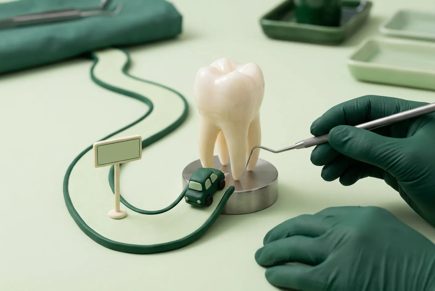 Render clinico del viaggio verso lo studio: la strada che arriva al dente