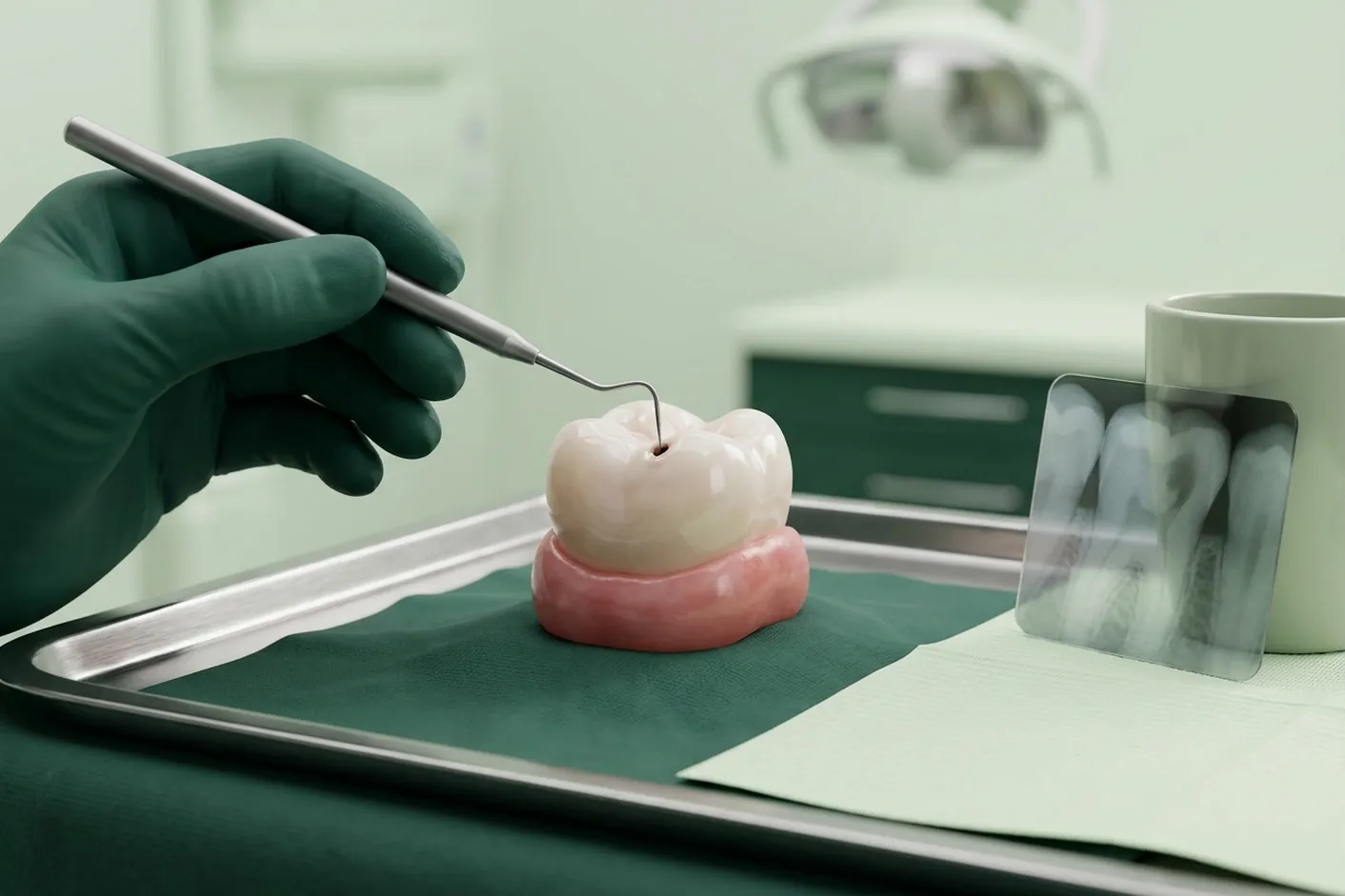 Render clinico della diagnosi della carie: la sonda sul solco e la piccola radiografia