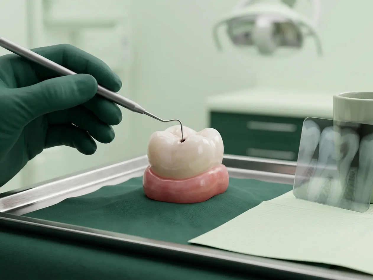 Render clinico della diagnosi della carie: la sonda sul solco e la piccola radiografia