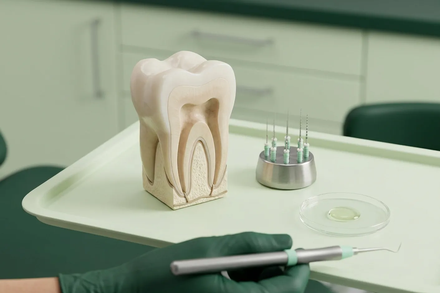 Render clinico dei canali puliti e degli strumenti endodontici