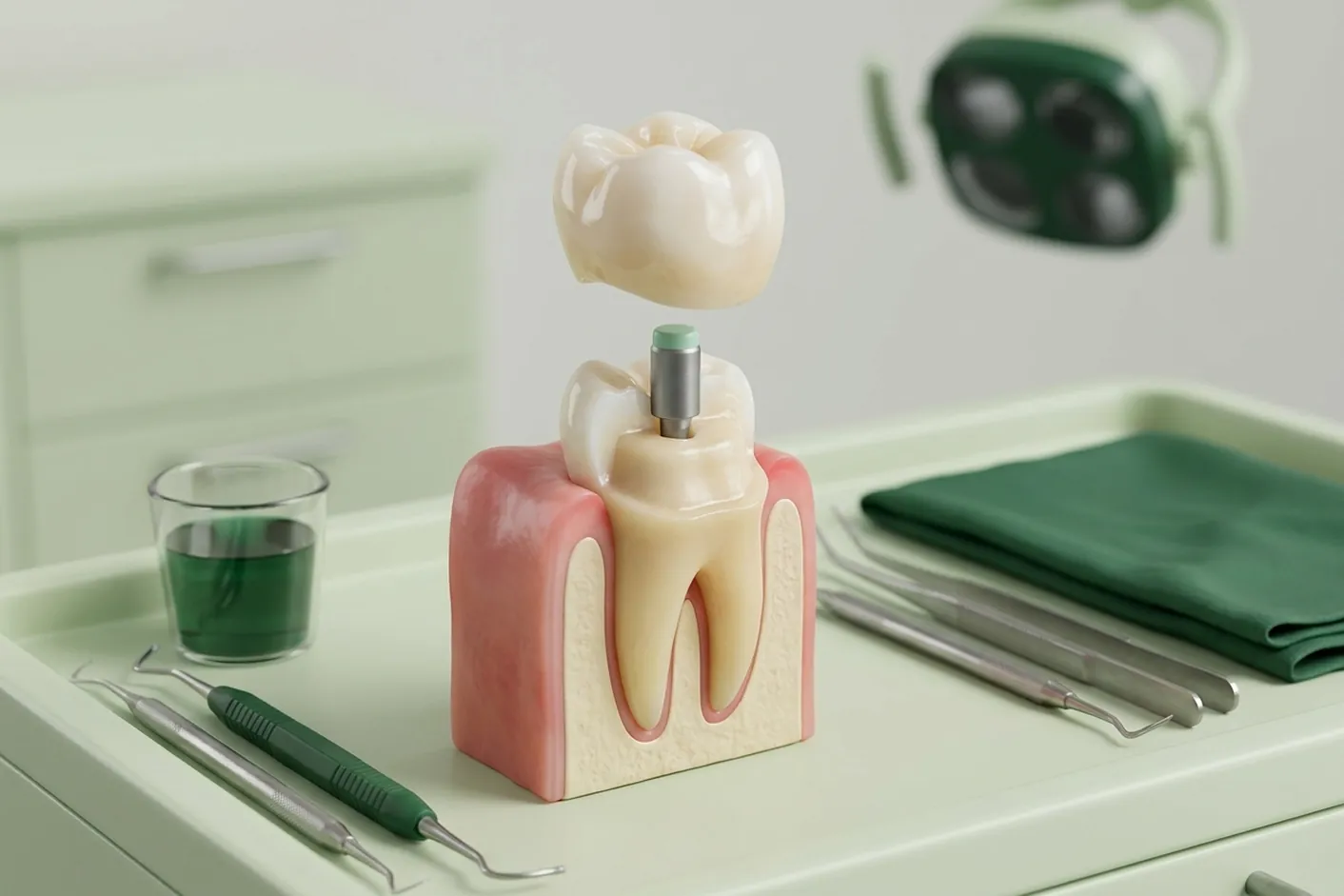 Render clinico del dente devitalizzato con perno e corona