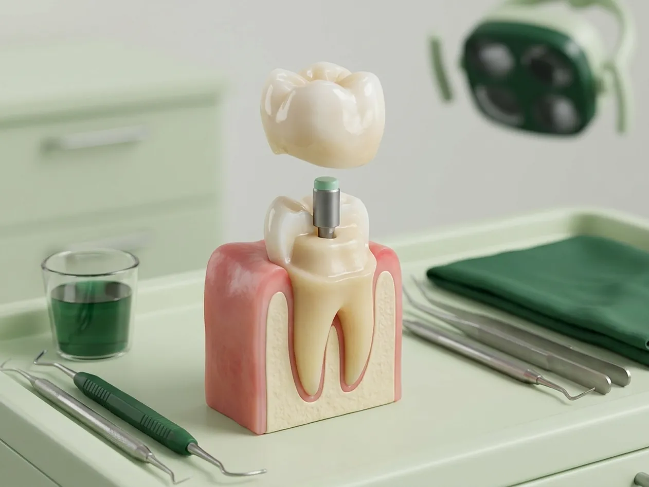 Render clinico del dente devitalizzato con perno e corona