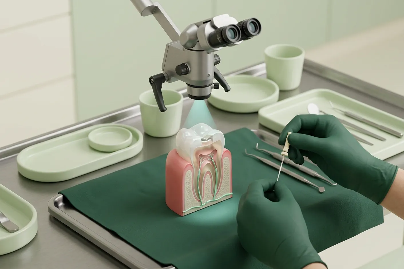 Render clinico del microscopio operatorio sopra il dente aperto