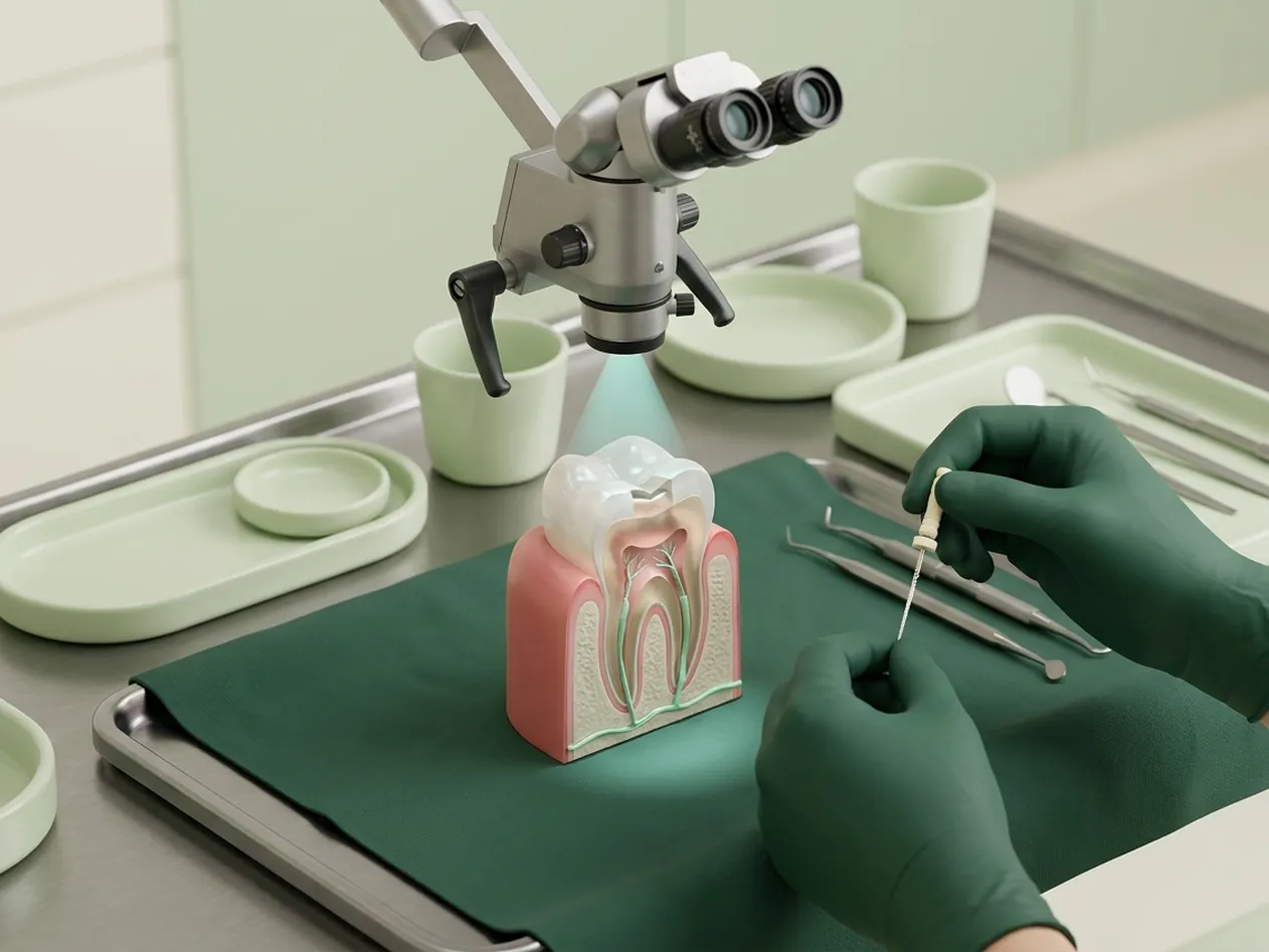 Render clinico del microscopio operatorio sopra il dente aperto