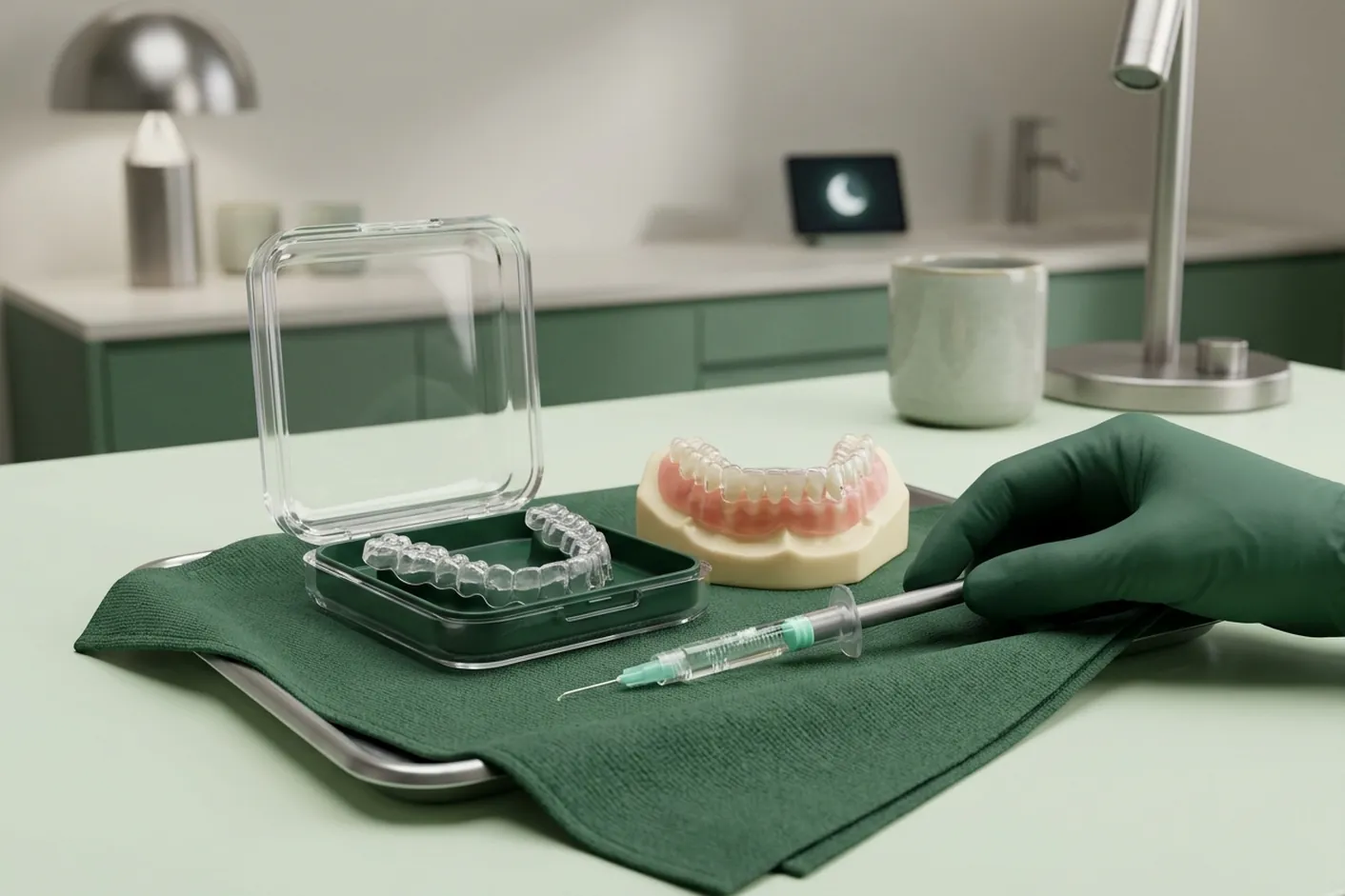 Render clinico dello sbiancamento domiciliare: la mascherina e il gel nella custodia