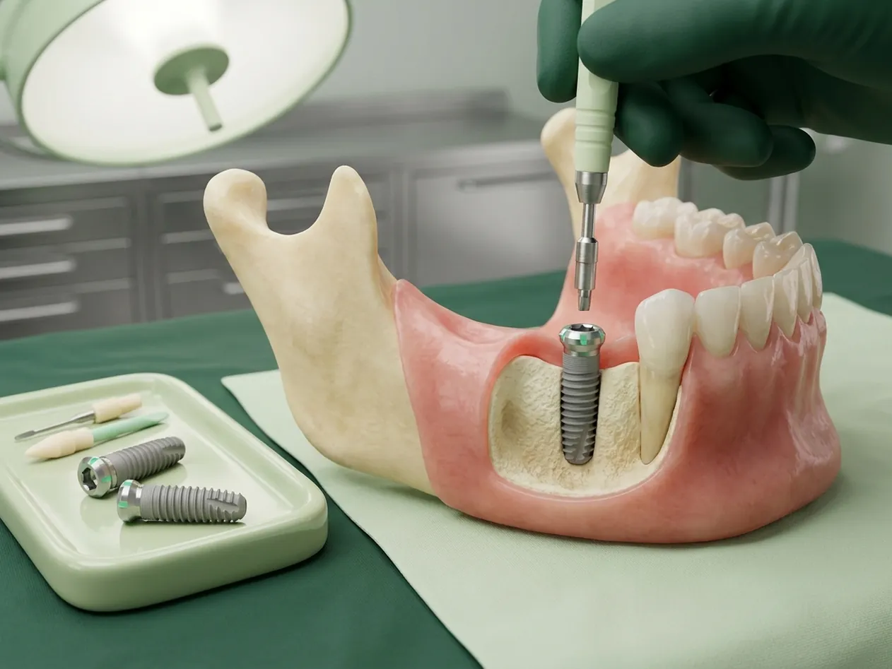 Render clinico dell'intervento implantare: la vite in titanio nell'osso e il cacciavite chirurgico