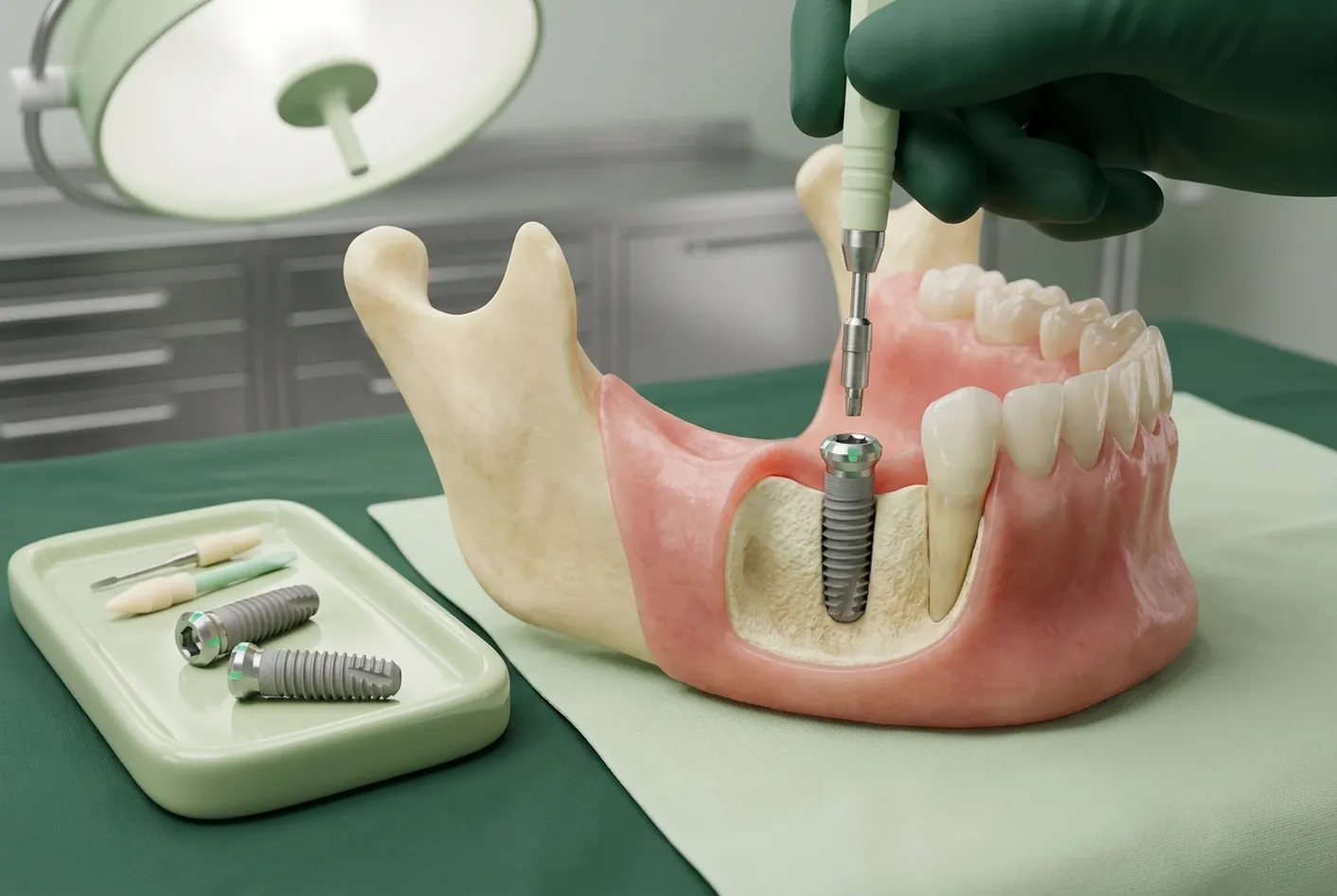 Render clinico dell'intervento implantare: la vite in titanio nell'osso e il cacciavite chirurgico