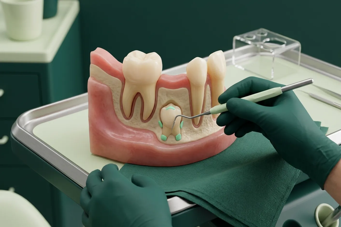 Render clinico del dente da latte con il permanente che cresce sotto