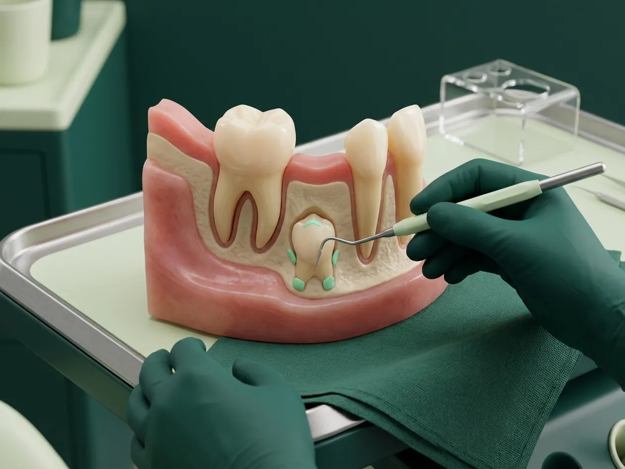 Render clinico del dente da latte con il permanente che cresce sotto