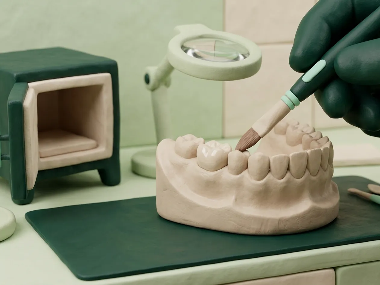 Render clinico del laboratorio odontotecnico: il modello, la corona, il fornetto
