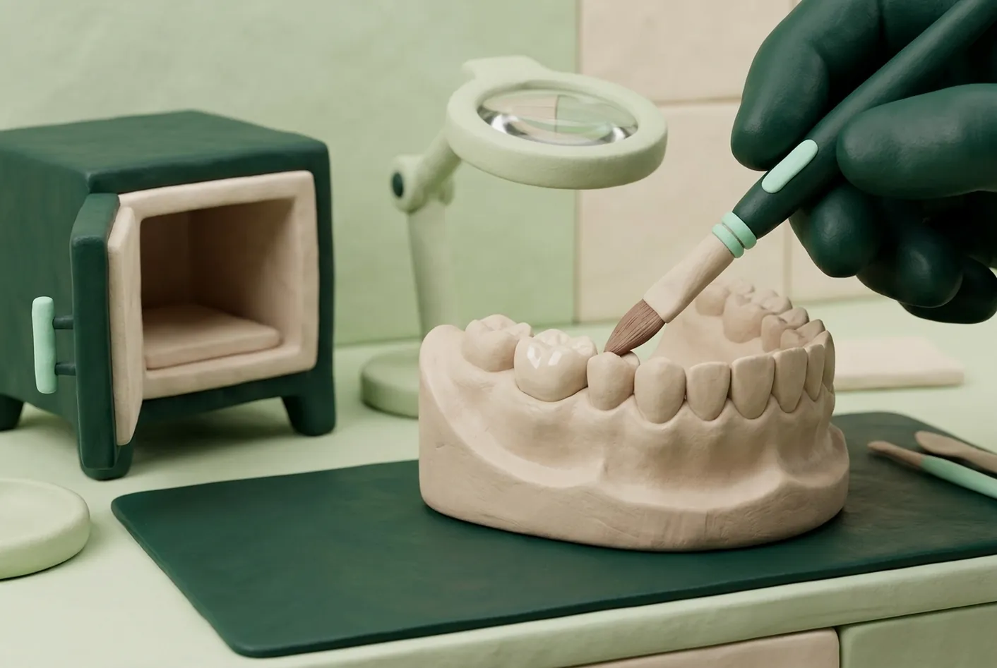 Render clinico del laboratorio odontotecnico: il modello, la corona, il fornetto