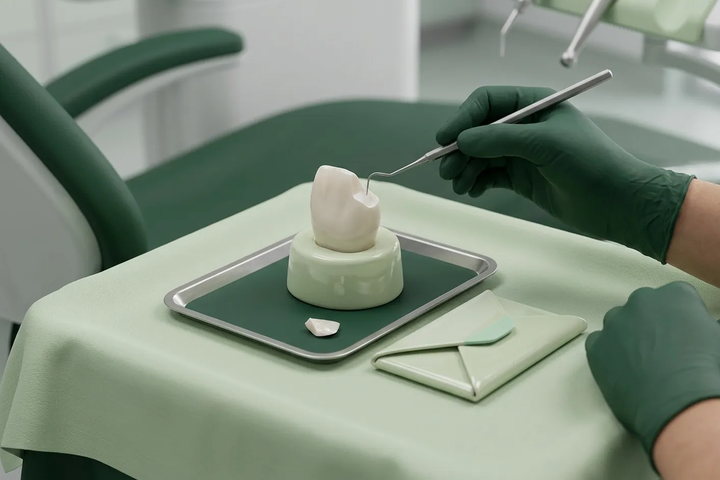 Render clinico del dente scheggiato con il frammento conservato