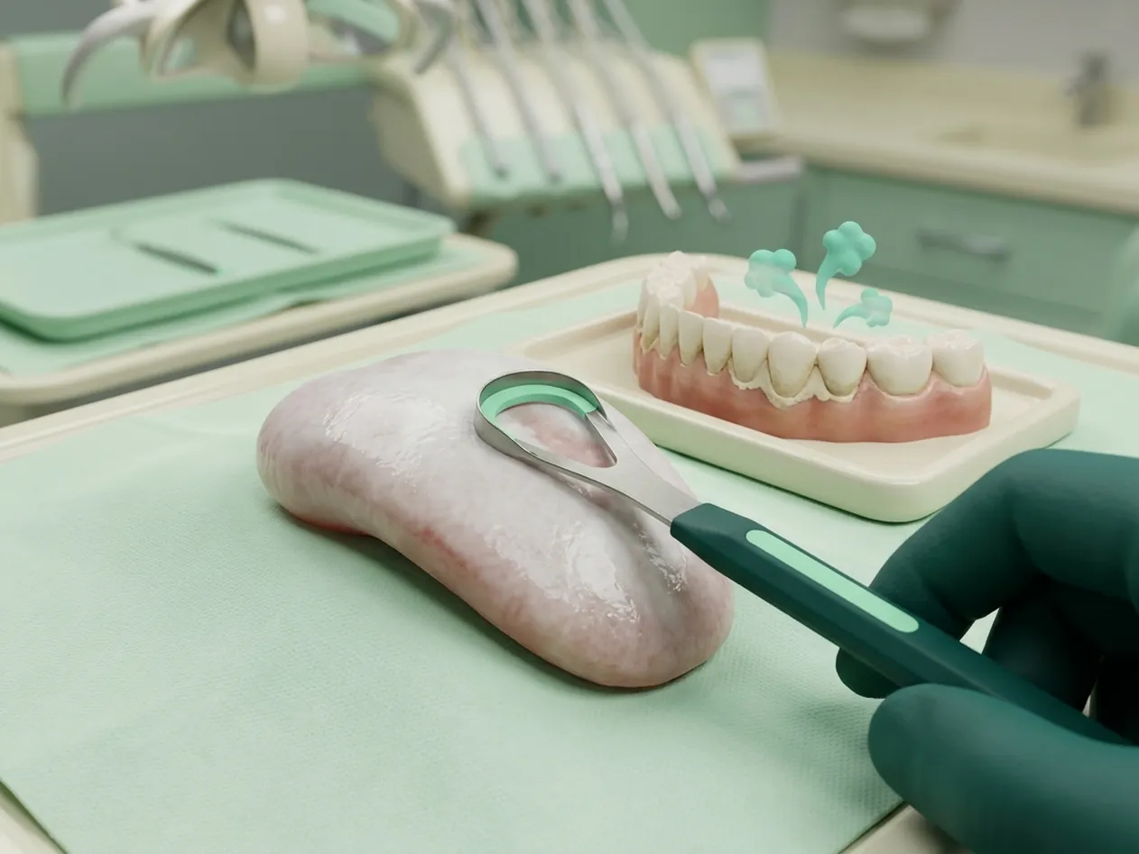 Render clinico dell'alitosi: la lingua con la patina raschiata via e i denti da pulire