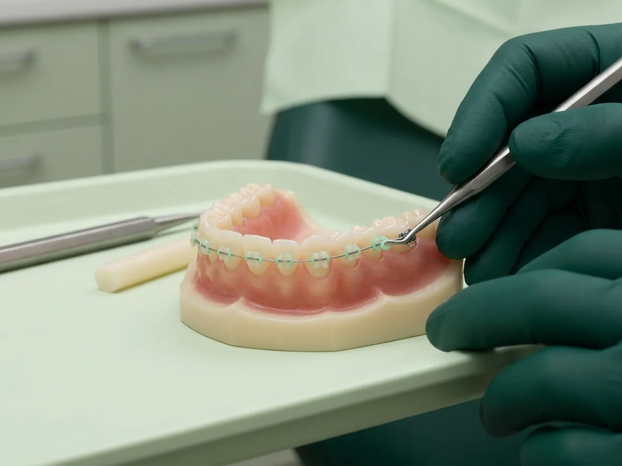 Render clinico dell'apparecchio fisso: le placchette su ogni dente unite dal filo