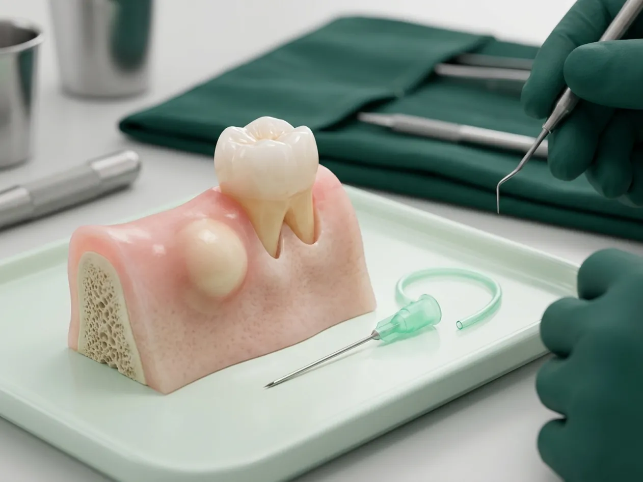Render clinico dell'ascesso dentale: il rigonfiamento alla gengiva vicino alla radice e lo strumento per il drenaggio