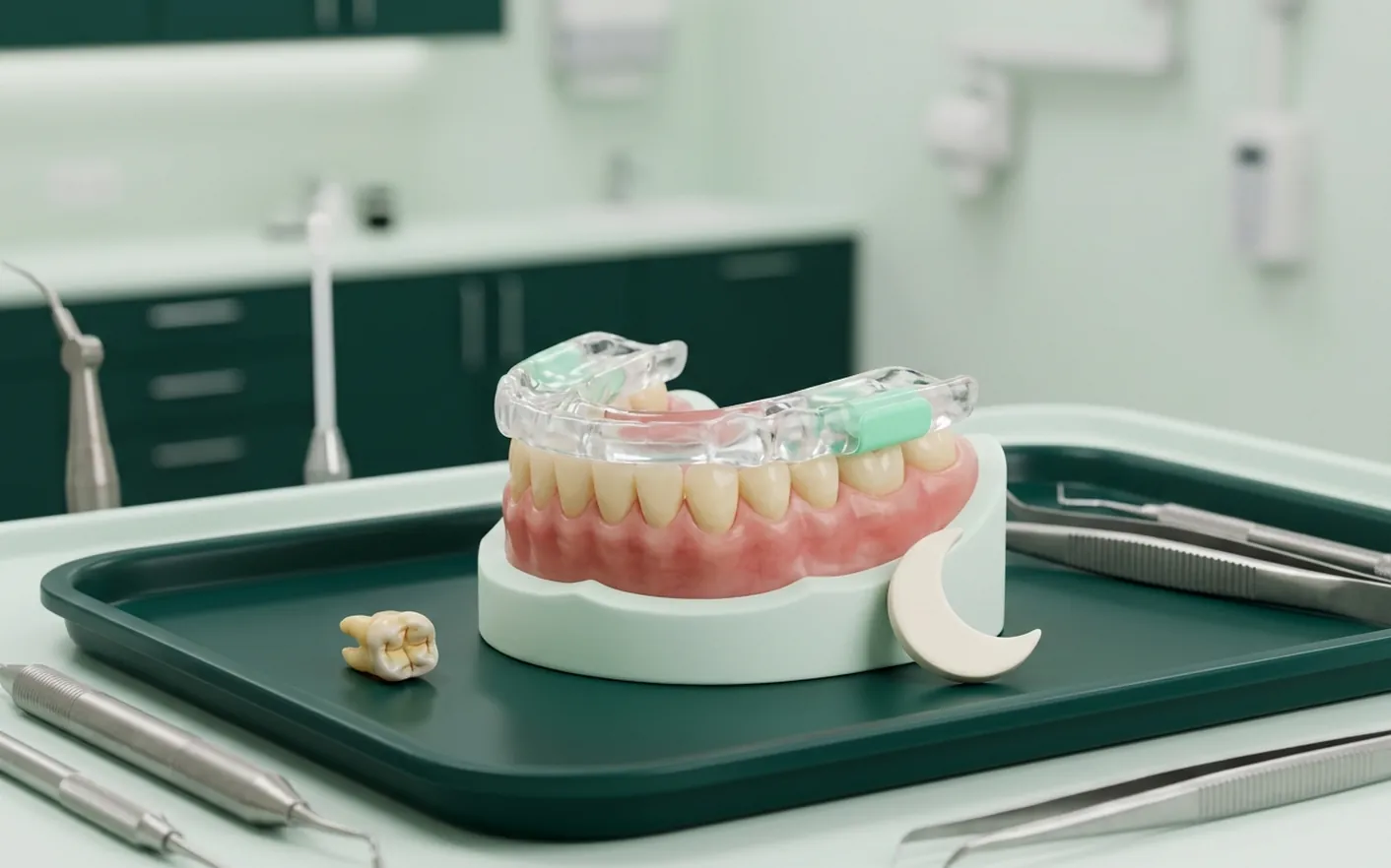 Render clinico del bite per il bruxismo: la placca sull'arcata superiore e il molare consumato