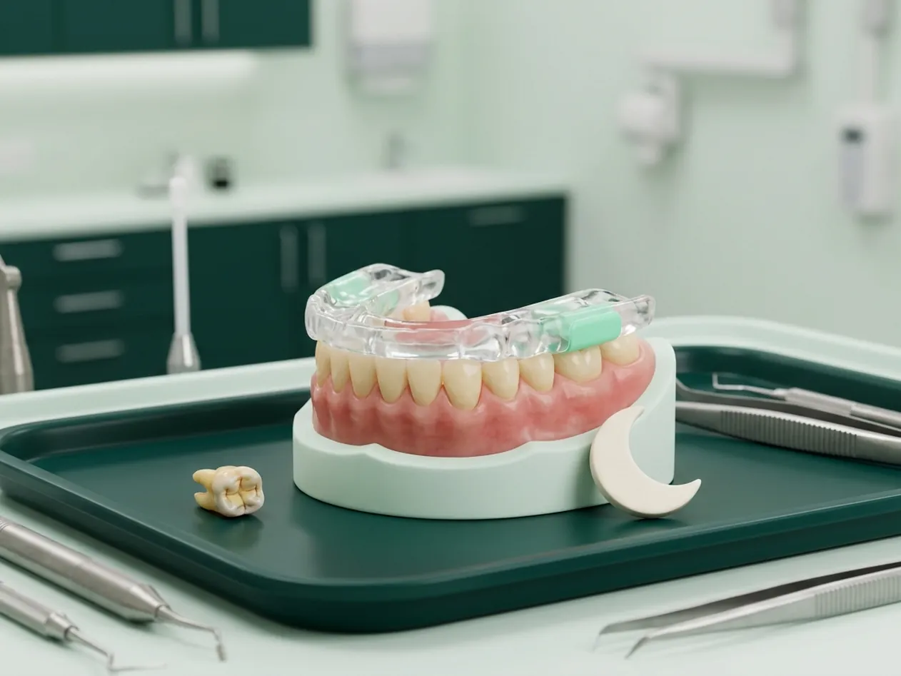 Render clinico del bite per il bruxismo: la placca sull'arcata superiore e il molare consumato