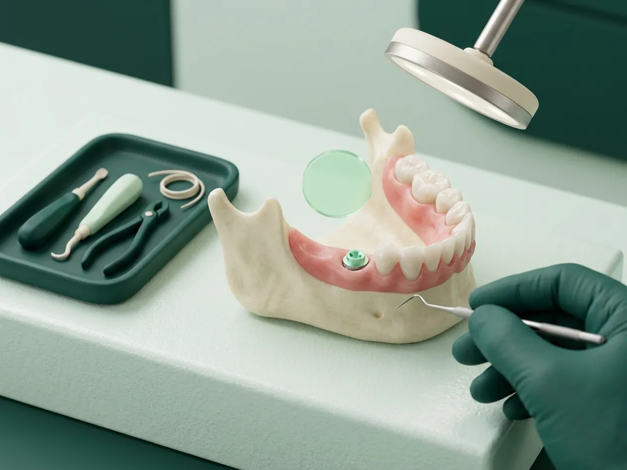 Render clinico della chirurgia orale: il vassoio con gli strumenti e la fetta di TAC accanto alla mascella