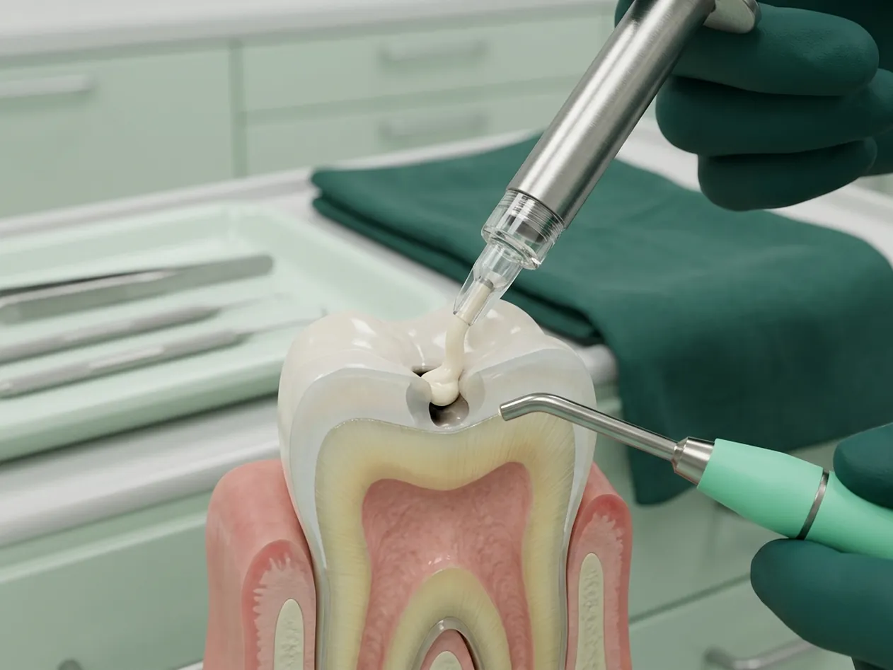 Render clinico di un'otturazione: la carie pulita e il composito che riempie la cavità