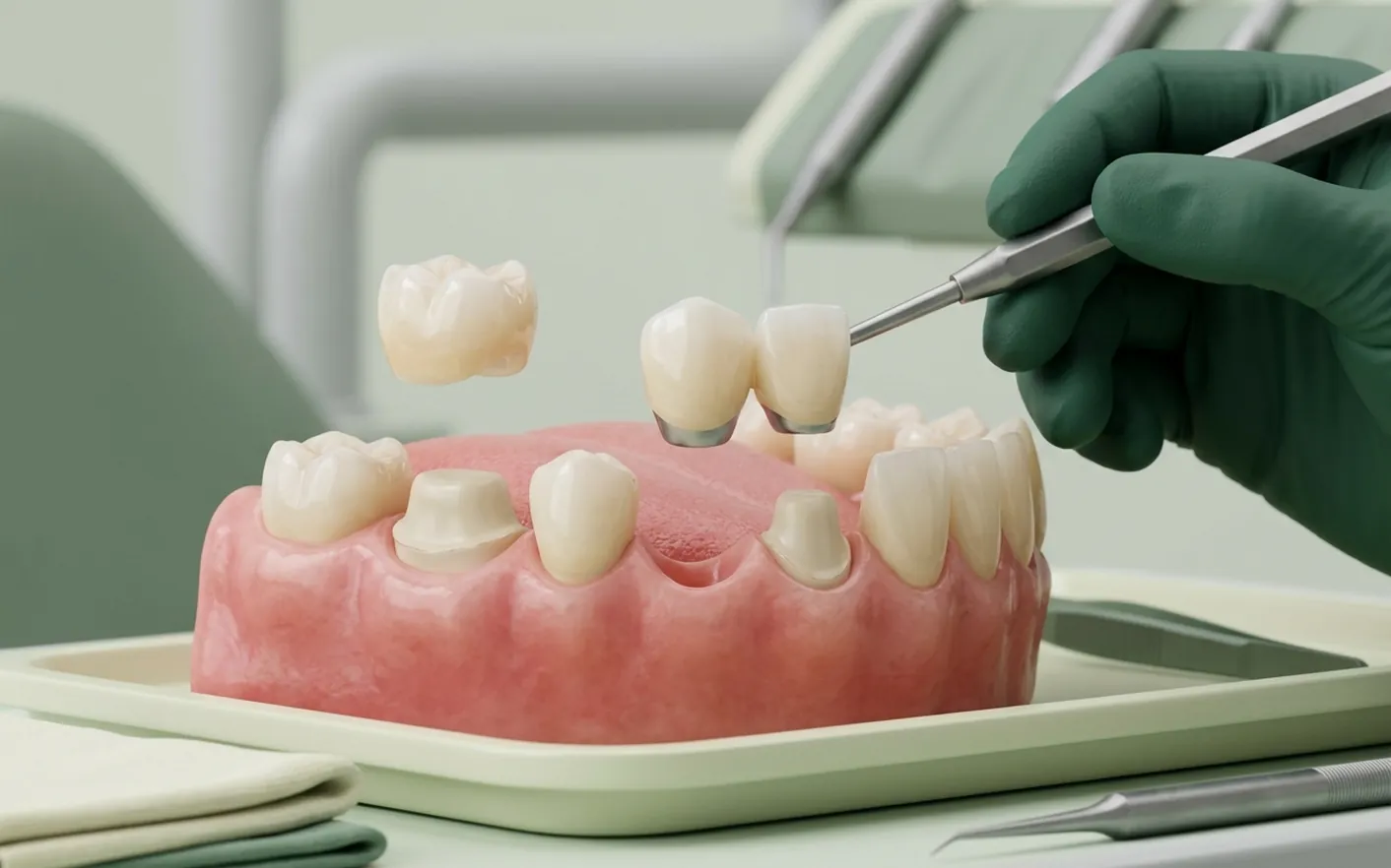 Render clinico di corone e ponti: il moncone con la corona sopra e il ponte sul vuoto