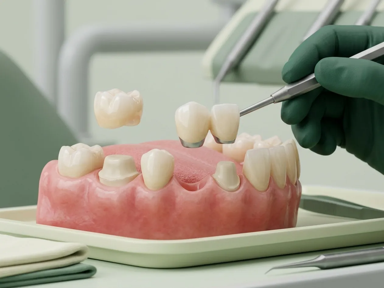 Render clinico di corone e ponti: il moncone con la corona sopra e il ponte sul vuoto