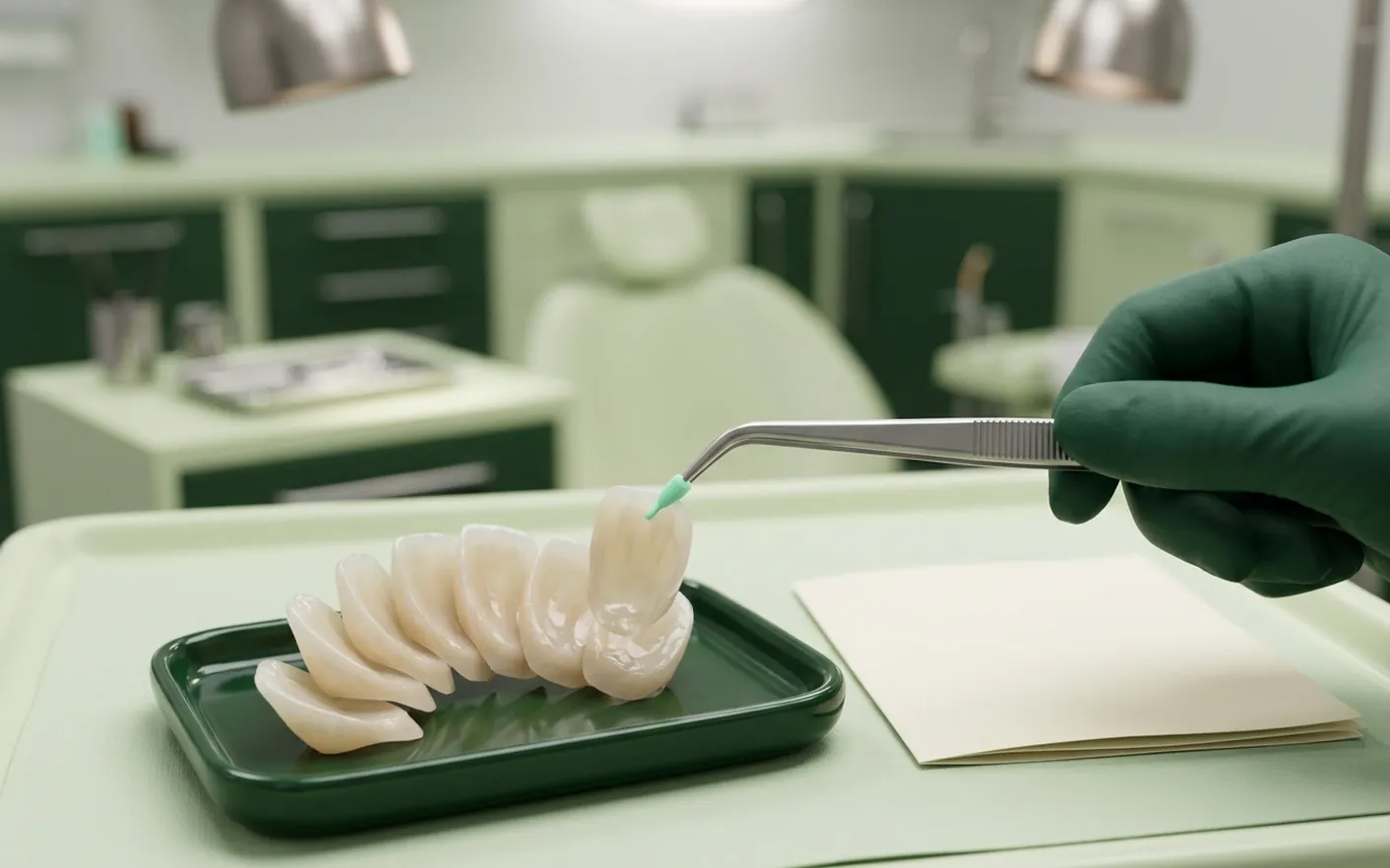 Render clinico del costo delle faccette: sei faccette a ventaglio sul vassoio, col preventivo
