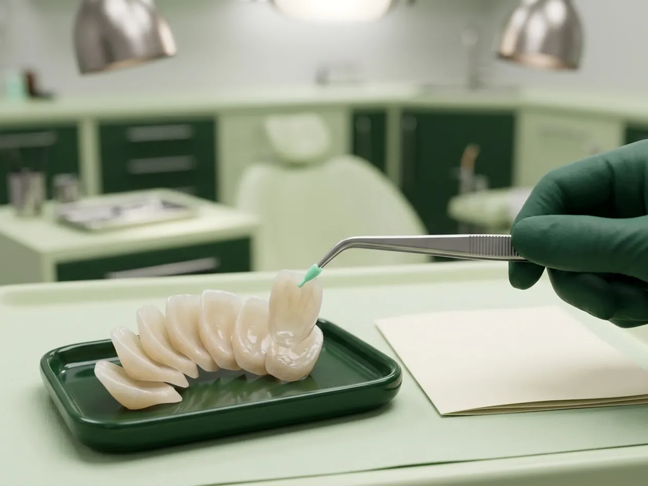Render clinico del costo delle faccette: sei faccette a ventaglio sul vassoio, col preventivo