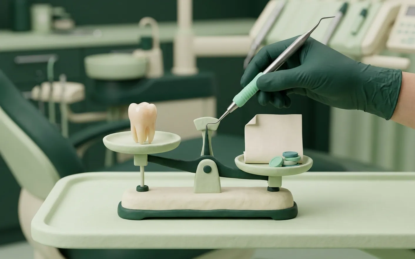 Render clinico dei costi: la bilancia con il dente da una parte e il preventivo dall'altra