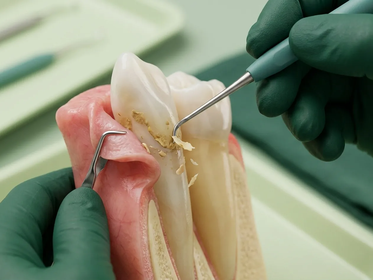 Render clinico del curettage: la curette che leviga la radice nella tasca