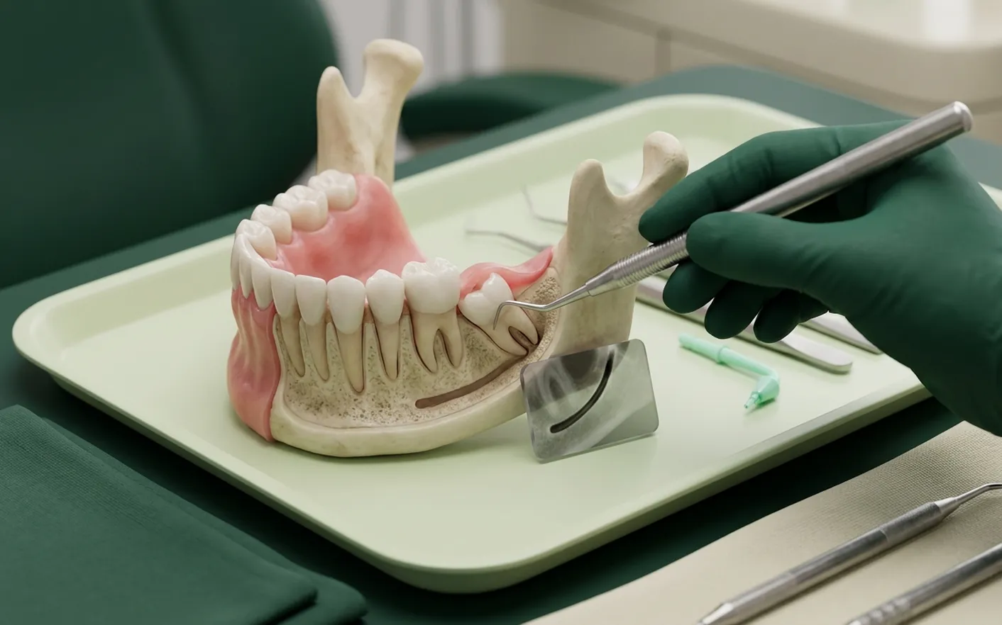 Render clinico del dente del giudizio incluso, inclinato sotto la gengiva, con la fetta di TAC e il canale del nervo