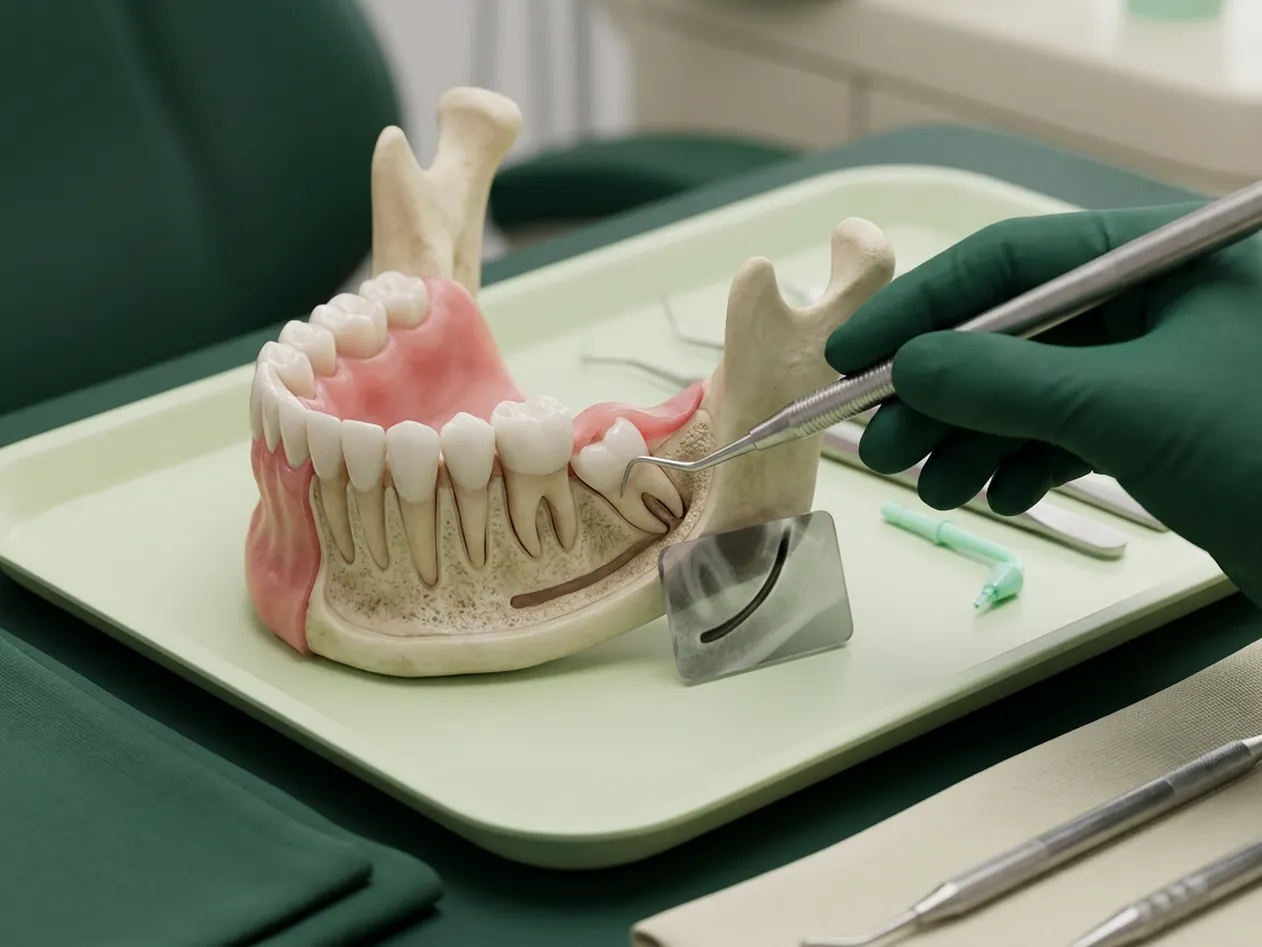 Render clinico del dente del giudizio incluso, inclinato sotto la gengiva, con la fetta di TAC e il canale del nervo