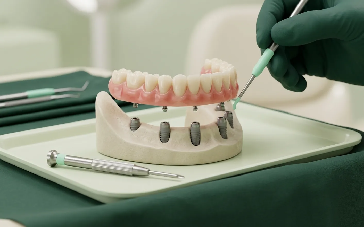 Render clinico della dentiera fissa avvitata sugli impianti, sollevata per mostrare le viti