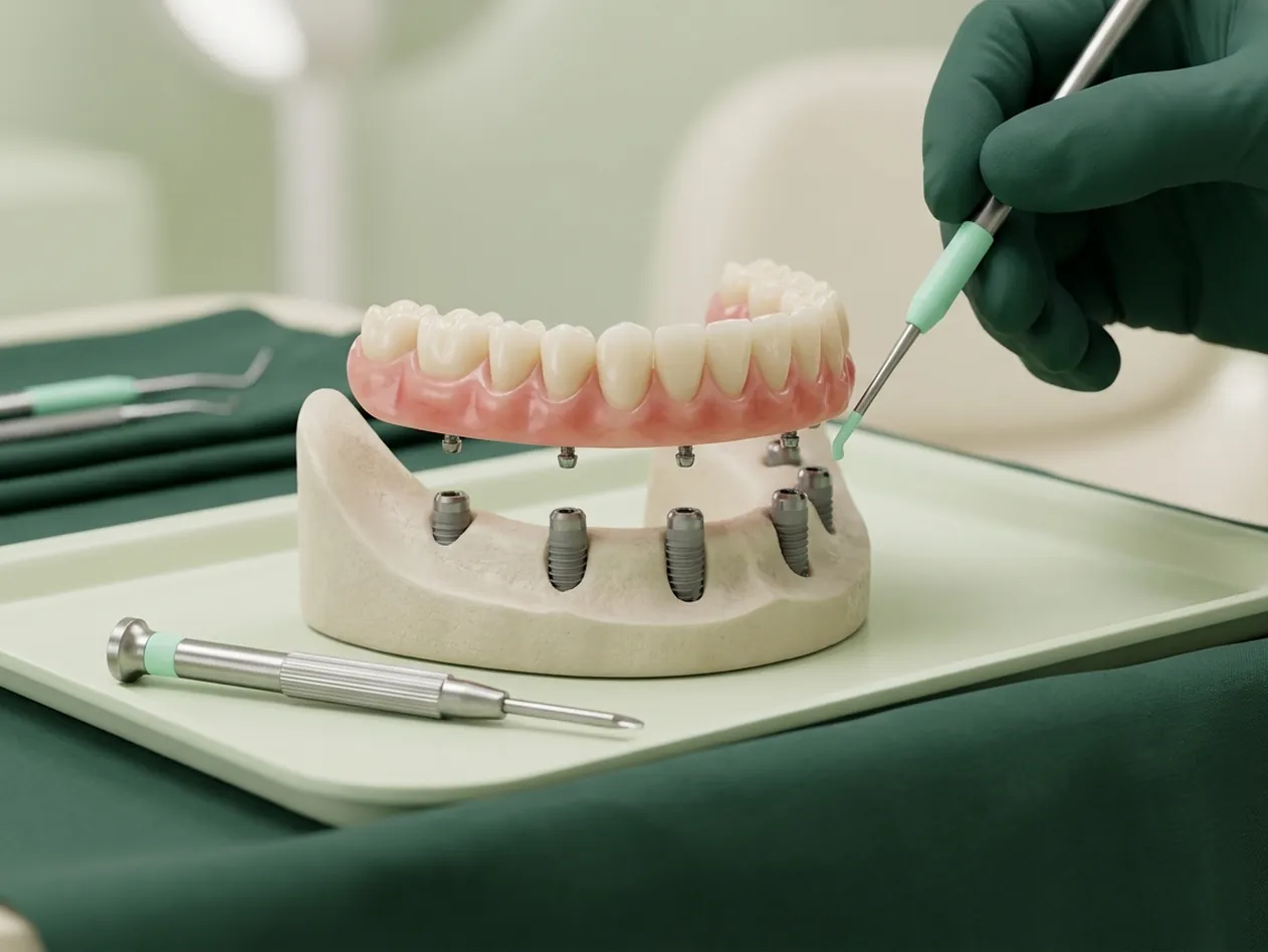 Render clinico della dentiera fissa avvitata sugli impianti, sollevata per mostrare le viti