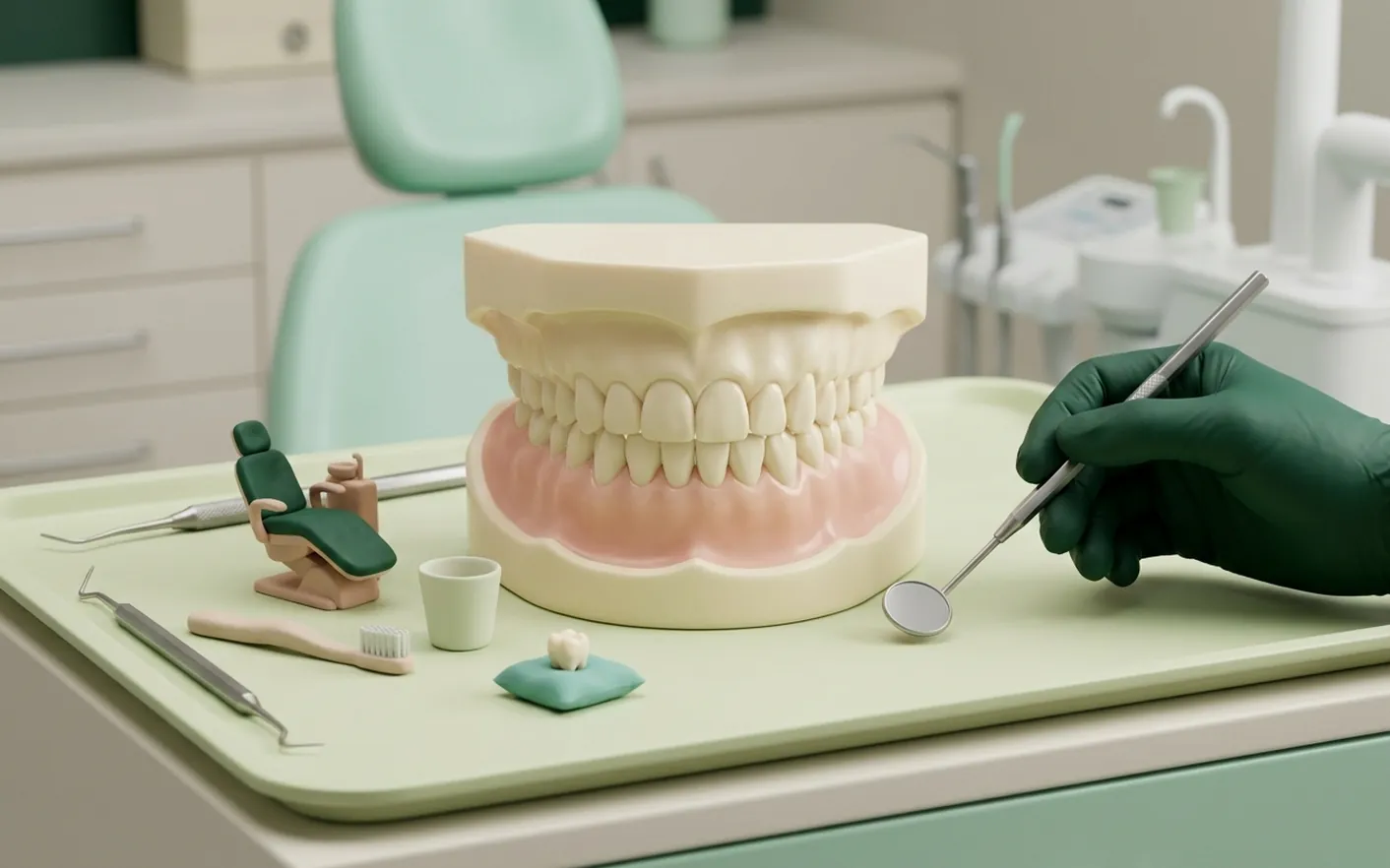 Render clinico del dentista per bambini: la poltroncina, lo spazzolino e il dentino sul cuscino