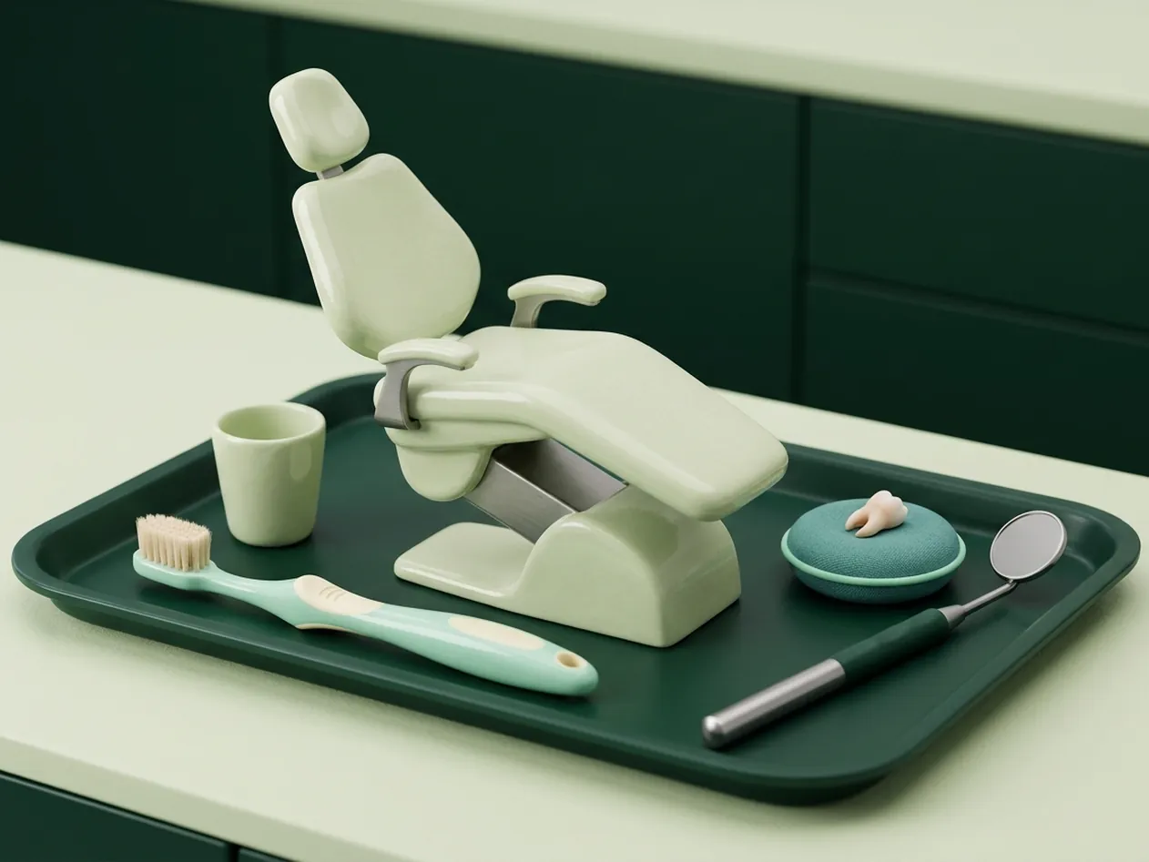 Render clinico del dentista per bambini: la poltroncina, lo spazzolino e il dentino sul cuscino