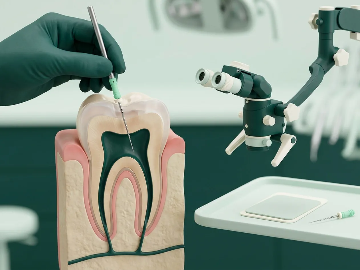Render clinico dell'endodonzia: dente in sezione, microscopio operatorio e file, la scelta se salvare il dente