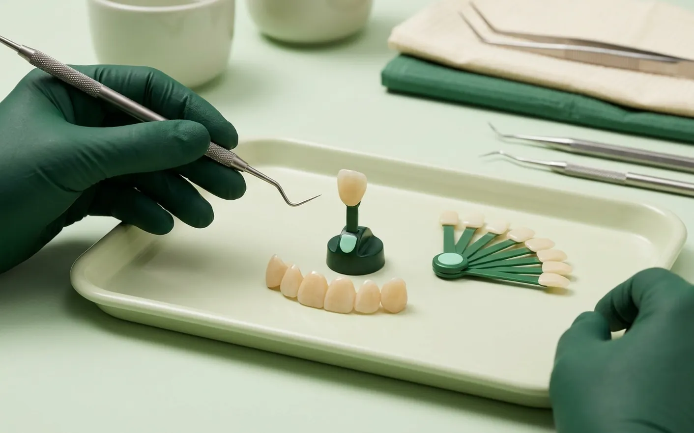 Render clinico dell'estetica dentale: i sei denti anteriori con la scala colori in miniatura