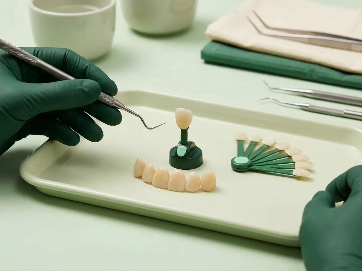 Render clinico dell'estetica dentale: i sei denti anteriori con la scala colori in miniatura