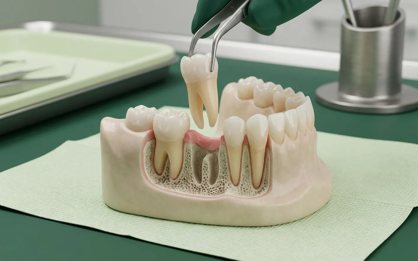 Render clinico dell'estrazione del dente: il molare sollevato dall'alveolo con la pinza