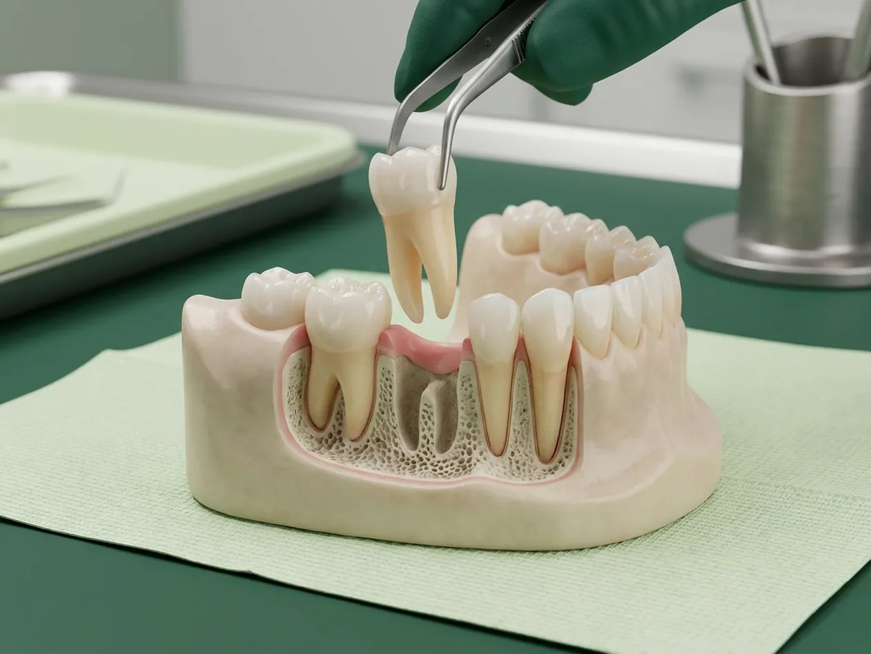 Render clinico dell'estrazione del dente: il molare sollevato dall'alveolo con la pinza