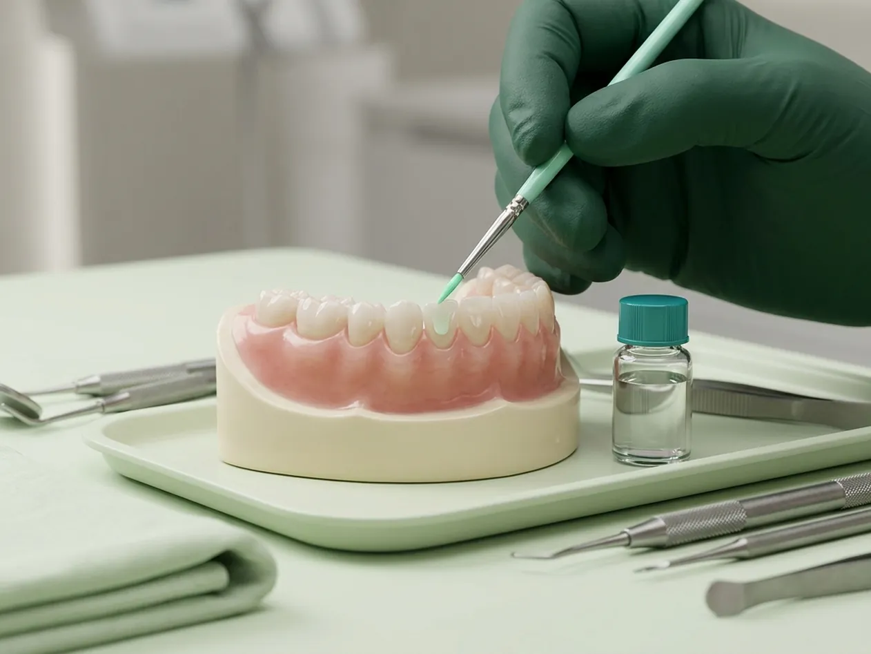 Render clinico della fluoroprofilassi: il pennellino che stende la vernice sui denti da latte