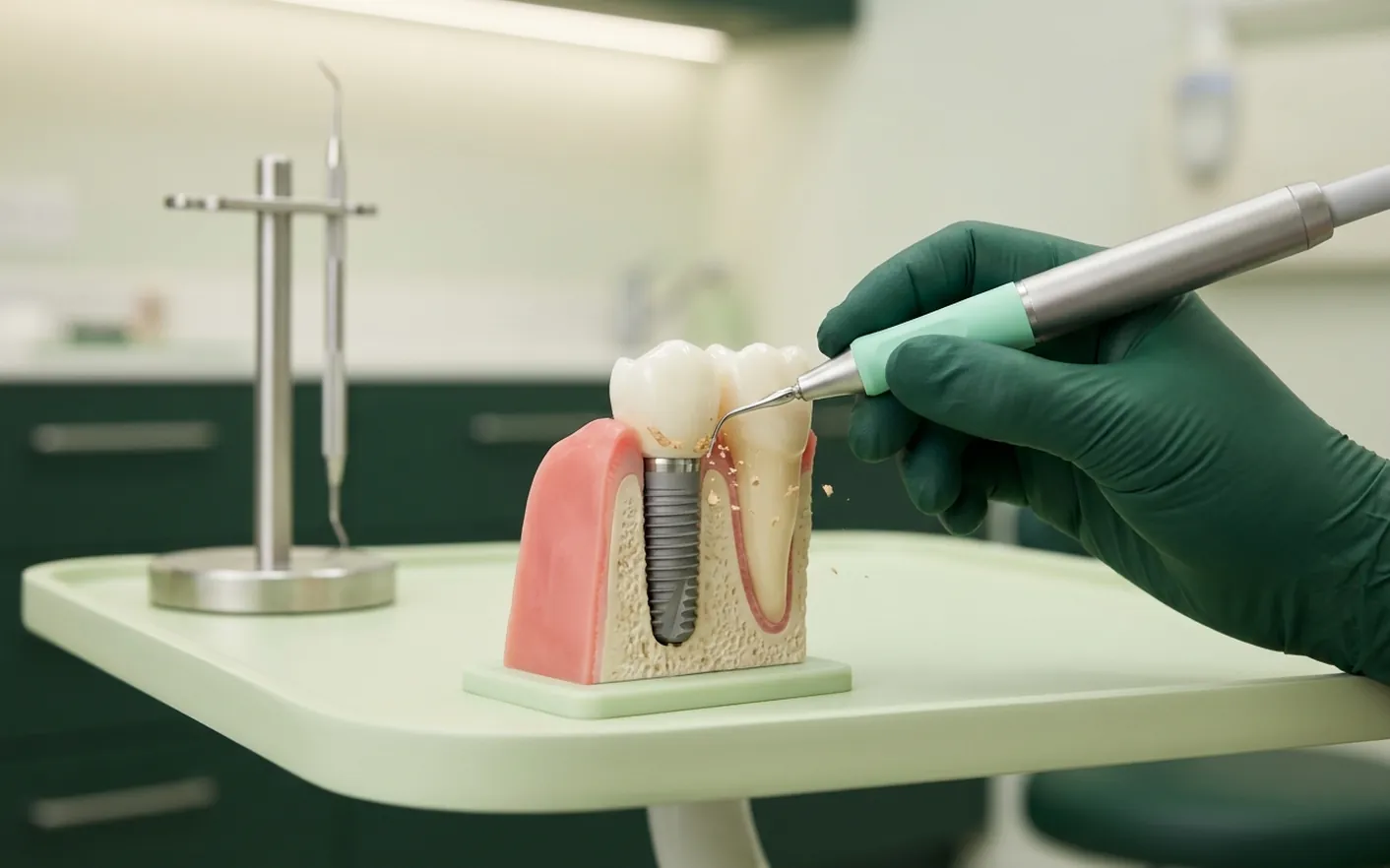 Render clinico dell'igiene dell'impianto: punta a ultrasuoni che pulisce il collo dell'impianto