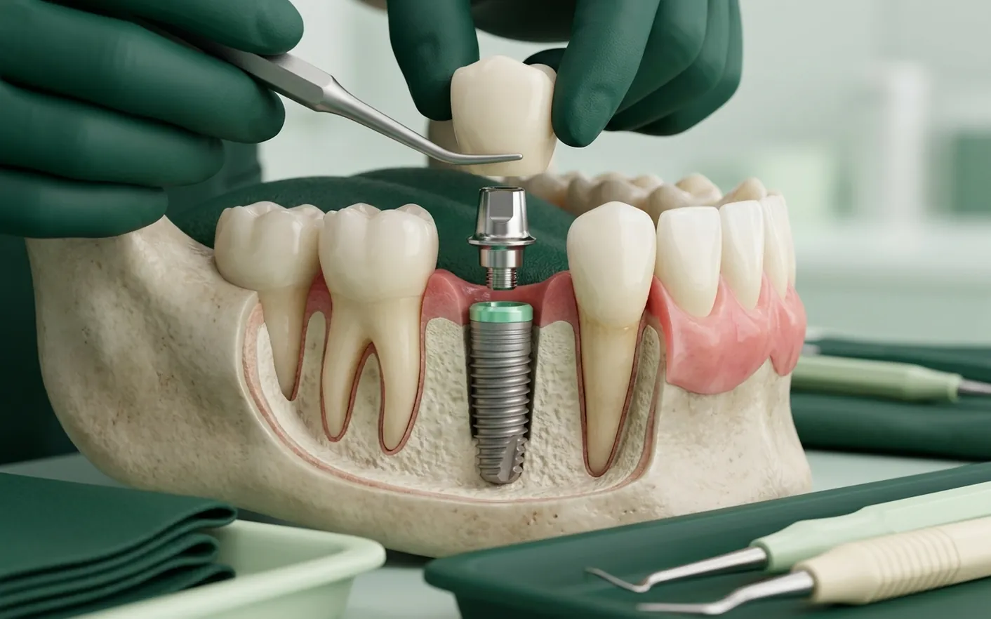 Render clinico di un impianto dentale: vite in titanio nell'osso, moncone e corona che scende sopra