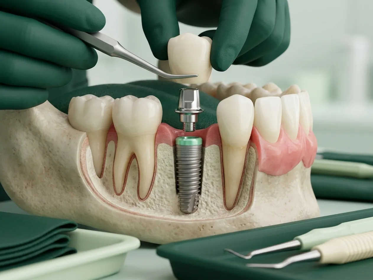 Render clinico di un impianto dentale: vite in titanio nell'osso, moncone e corona che scende sopra
