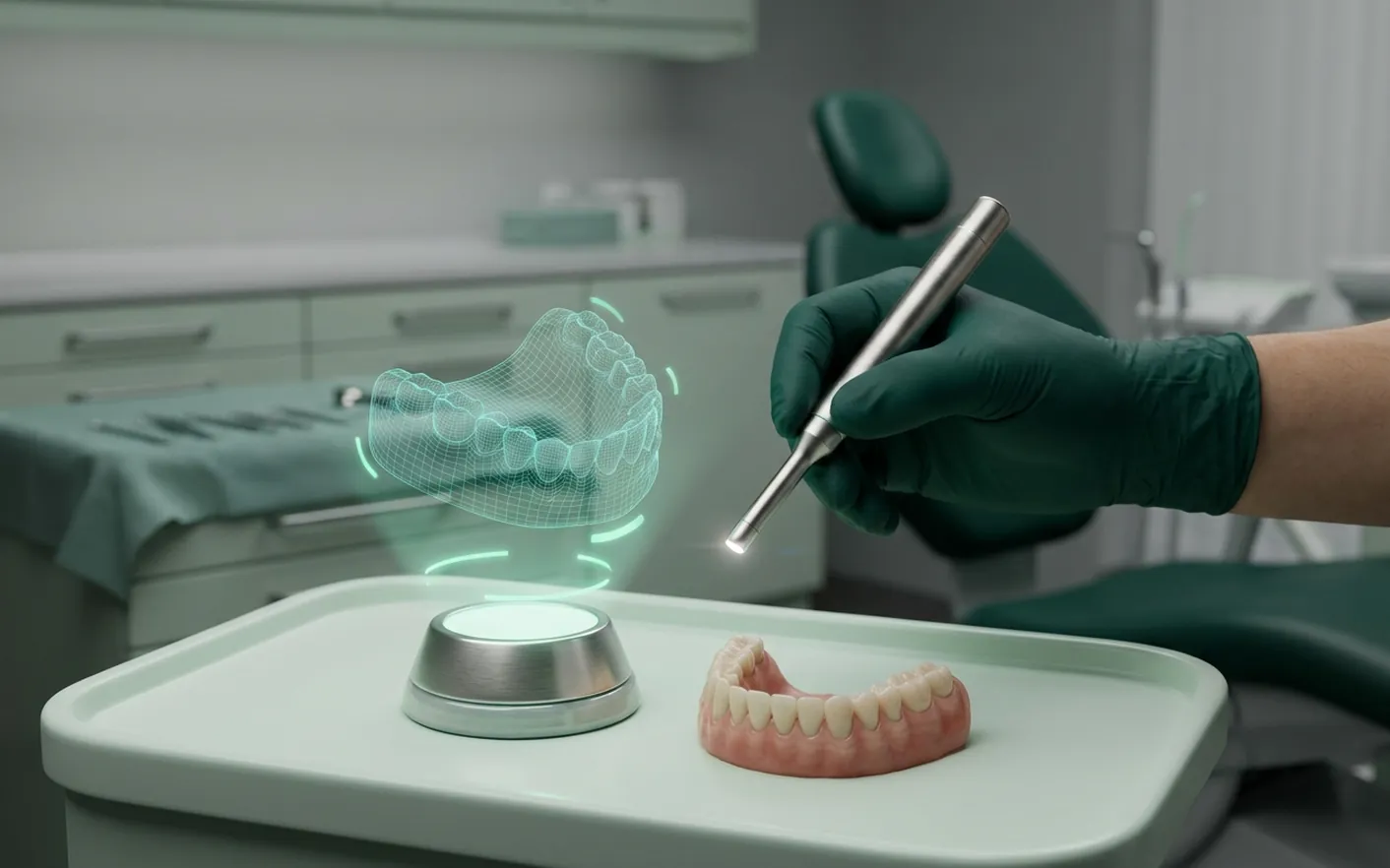 Render clinico dell'impronta digitale: lo scanner sull'arcata e il modello in wireframe che nasce accanto